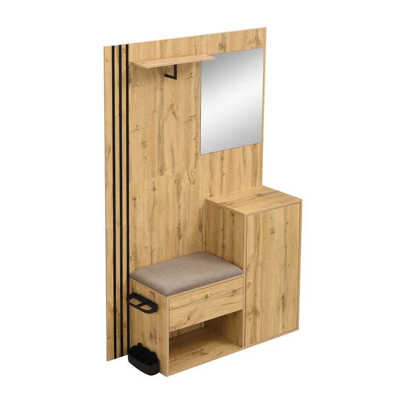 Vestiaire à l'entrée effet bois avec miroir, assise rangement chaussures et porte-parapluie 115x185x37cm MOMENTUMNEXUS