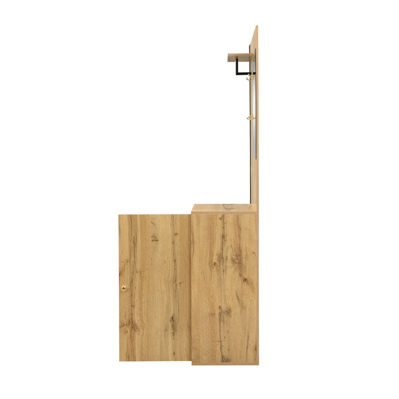 Vestiaire à l'entrée effet bois avec miroir, assise rangement chaussures et porte-parapluie 115x185x37cm MOMENTUMNEXUS