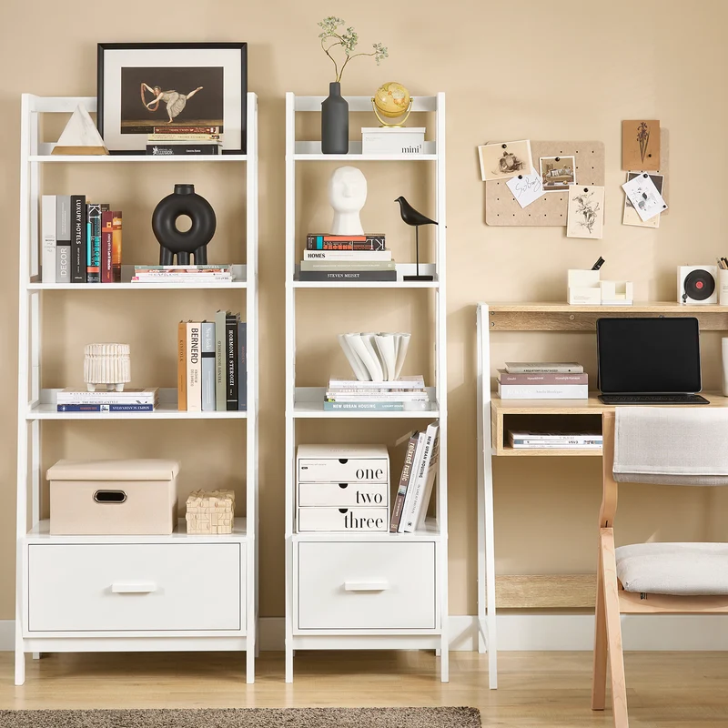 SoBuy FRG116-K-W Bibliothèque Étagère style échelle de 4 niveaux et 1 tiroir