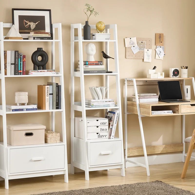 SoBuy FRG116-K-W Bibliothèque Étagère style échelle de 4 niveaux et 1 tiroir