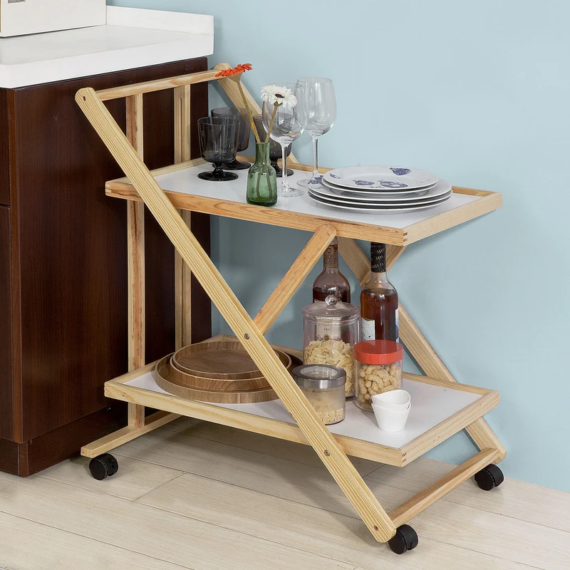SoBuy FKW52-WN Chariot de service pliable sur roulettes 2 tablettes Desserte de cuisine roulante