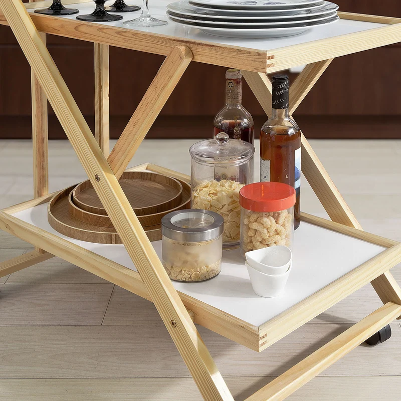 SoBuy FKW52-WN Chariot de service pliable sur roulettes 2 tablettes Desserte de cuisine roulante