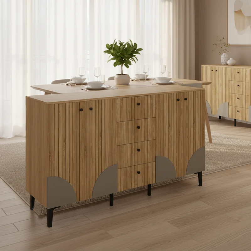 Buffet effet bois avec 4 portes cannelées 4 tiroirs 160x36x94cm RIFTKAELISYN