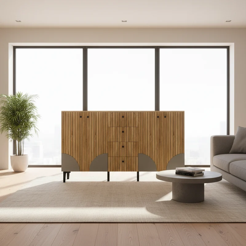 Buffet effet bois avec 4 portes cannelées 4 tiroirs 160x36x94cm RIFTKAELISYN