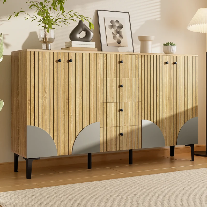 Buffet effet bois avec 4 portes cannelées 4 tiroirs 160x36x94cm RIFTKAELISYN