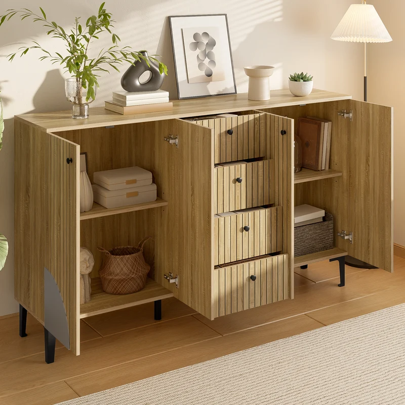 Buffet effet bois avec 4 portes cannelées 4 tiroirs 160x36x94cm RIFTKAELISYN
