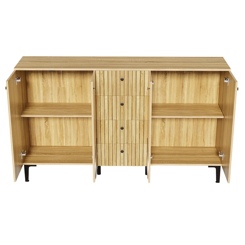 Buffet effet bois avec 4 portes cannelées 4 tiroirs 160x36x94cm RIFTKAELISYN