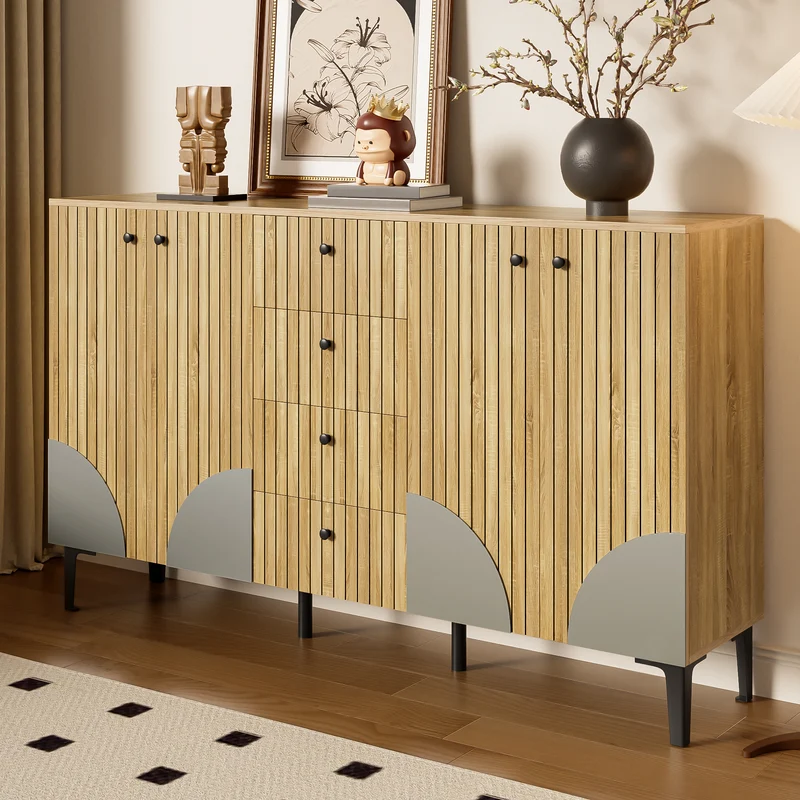 Buffet effet bois avec 4 portes cannelées 4 tiroirs 160x36x94cm RIFTKAELISYN
