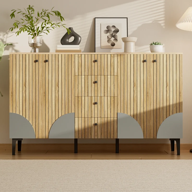 Buffet effet bois avec 4 portes cannelées 4 tiroirs 160x36x94cm RIFTKAELISYN