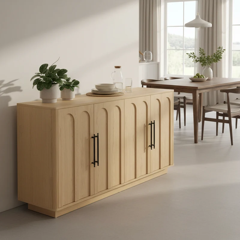 Buffet effet bois chêne motif d'arche gravé poignées noires 160*40*80cm VERTEXMYRKONATH