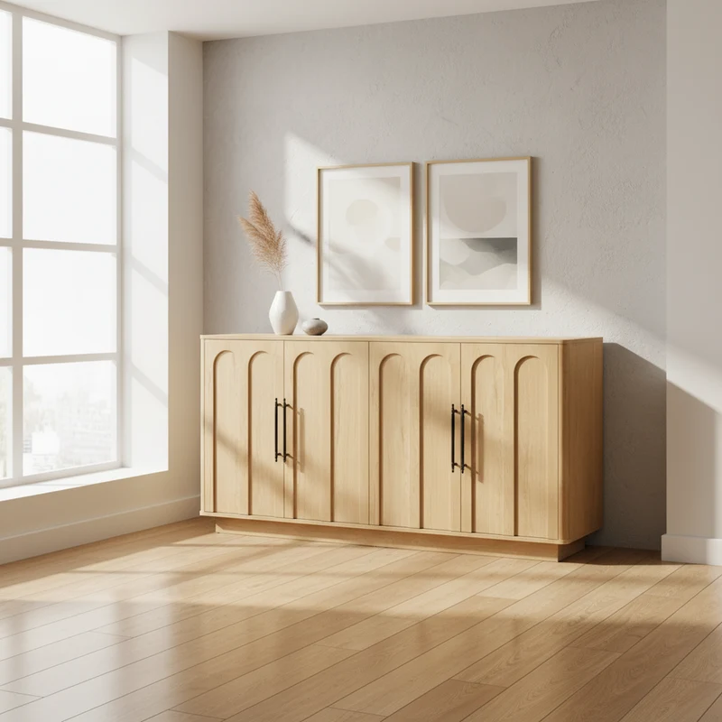 Buffet effet bois chêne motif d'arche gravé poignées noires 160*40*80cm VERTEXMYRKONATH