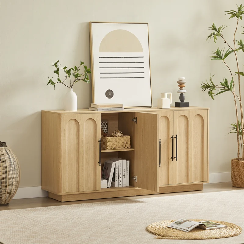 Buffet effet bois chêne motif d'arche gravé poignées noires 160*40*80cm VERTEXMYRKONATH