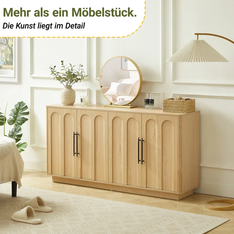 Buffet effet bois chêne motif d'arche gravé poignées noires 160*40*80cm VERTEXMYRKONATH