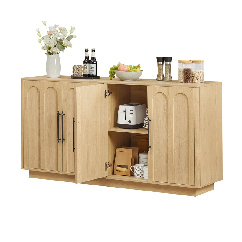 Buffet effet bois chêne motif d'arche gravé poignées noires 160*40*80cm VERTEXMYRKONATH