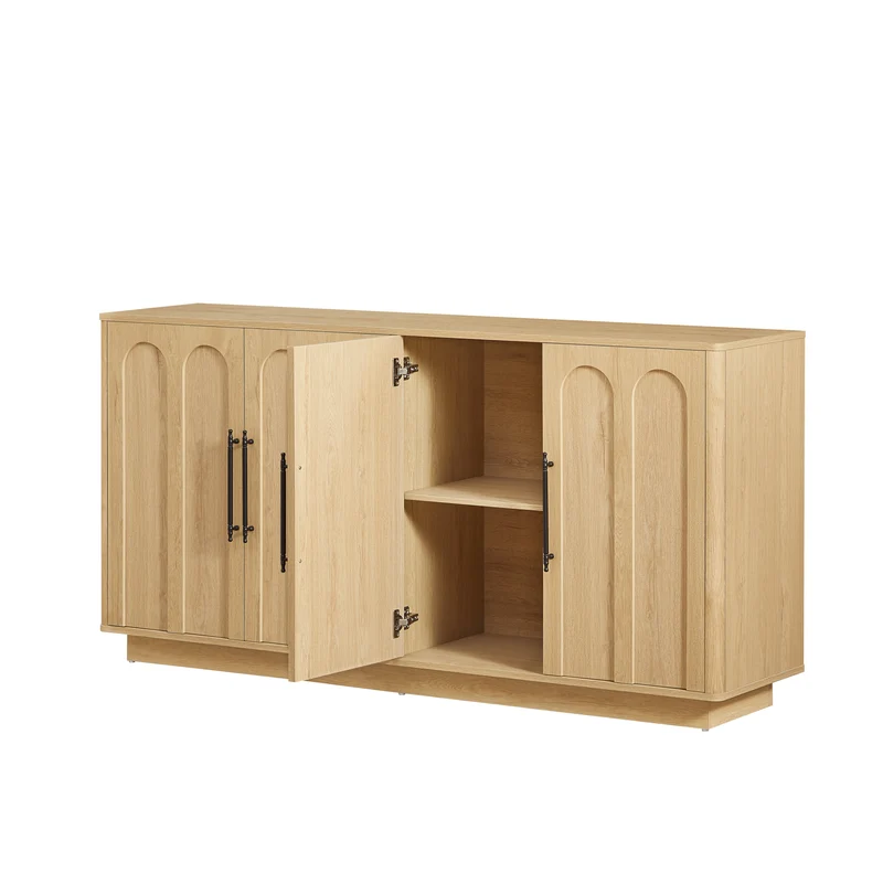 Buffet effet bois chêne motif d'arche gravé poignées noires 160*40*80cm VERTEXMYRKONATH