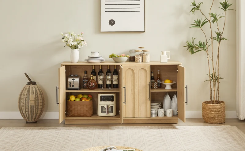 Buffet effet bois chêne motif d'arche gravé poignées noires 160*40*80cm VERTEXMYRKONATH