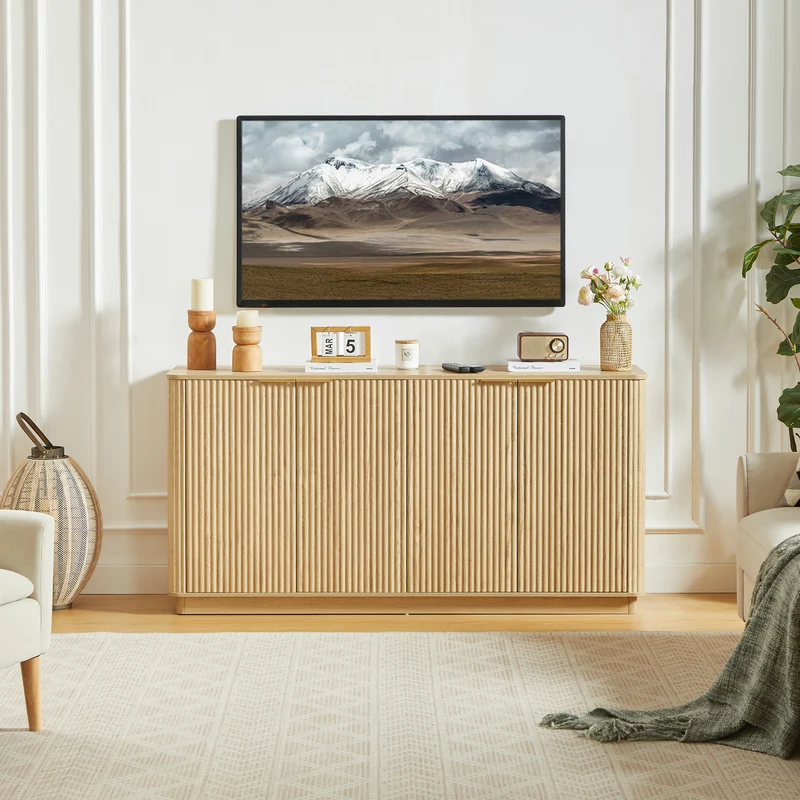 Buffet grand effet bois clair façade cannelée et finition dorée 160 x40x80 cm VERTEXZORVAKYNOR