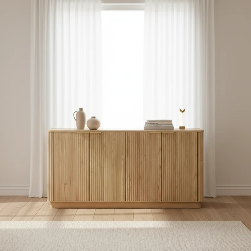 Buffet grand effet bois clair façade cannelée et finition dorée 160 x40x80 cm VERTEXZORVAKYNOR