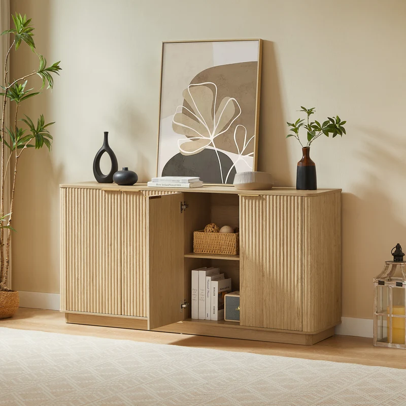 Buffet grand effet bois clair façade cannelée et finition dorée 160 x40x80 cm VERTEXZORVAKYNOR