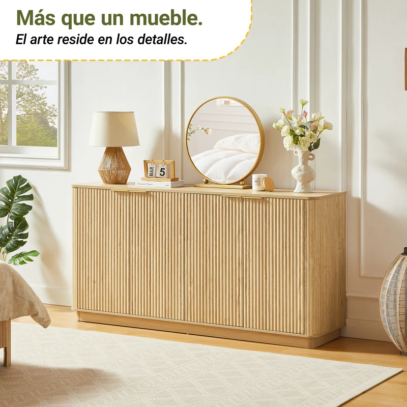 Buffet grand effet bois clair façade cannelée et finition dorée 160 x40x80 cm VERTEXZORVAKYNOR
