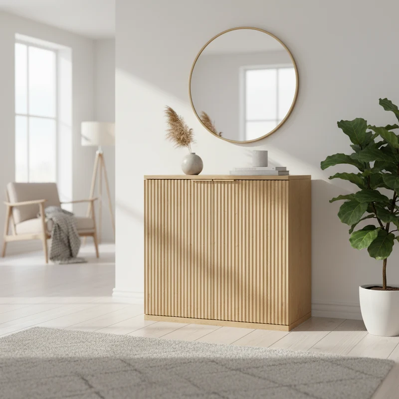 Buffet effet bois clair façade cannelée et finition dorée 80x40x80 cm VERTEXSYLTHYNOR