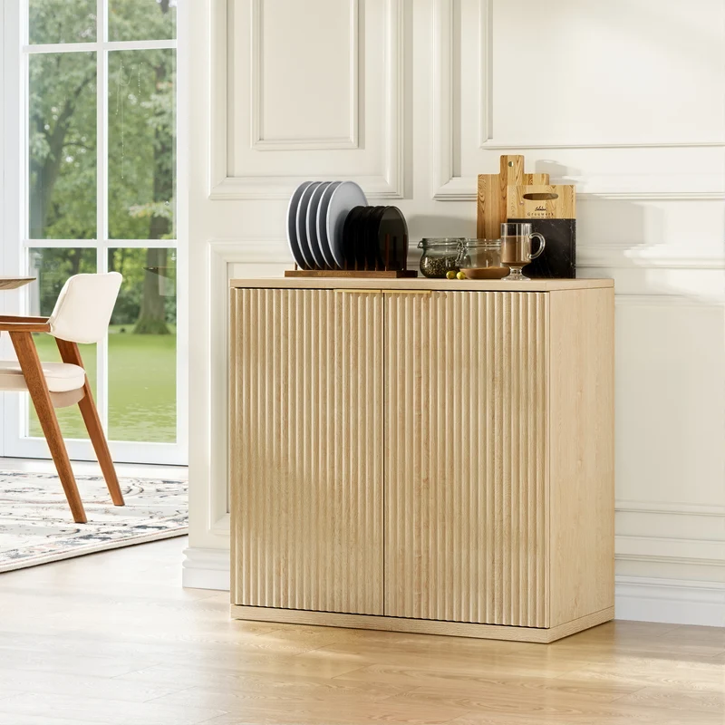 Buffet effet bois clair façade cannelée et finition dorée 80x40x80 cm VERTEXSYLTHYNOR