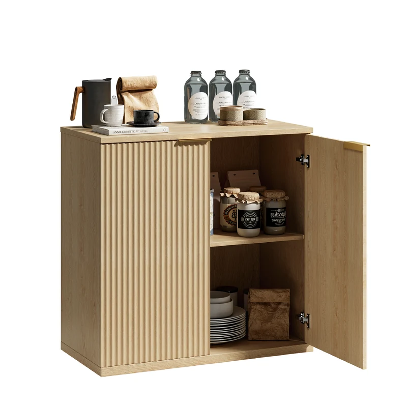 Buffet effet bois clair façade cannelée et finition dorée 80x40x80 cm VERTEXSYLTHYNOR
