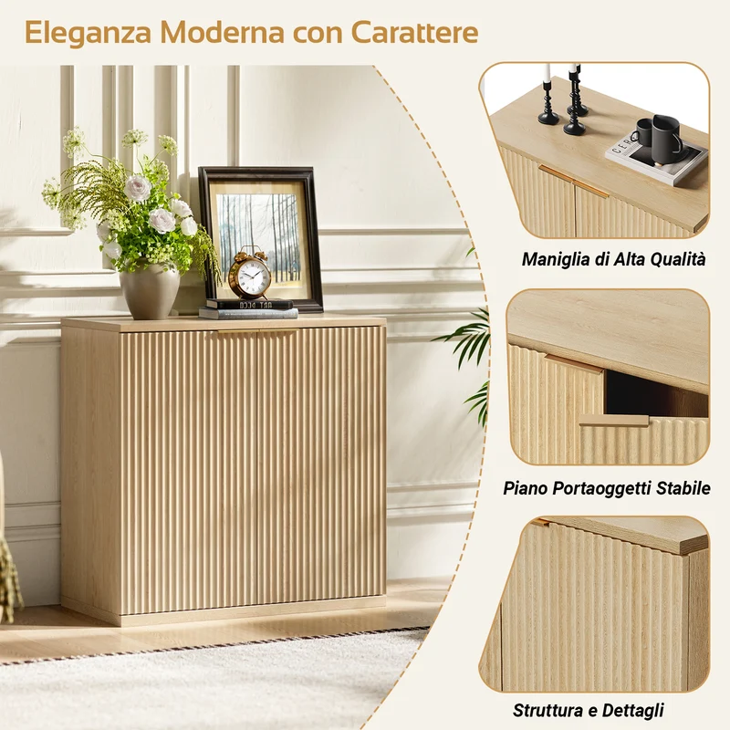 Buffet effet bois clair façade cannelée et finition dorée 80x40x80 cm VERTEXSYLTHYNOR