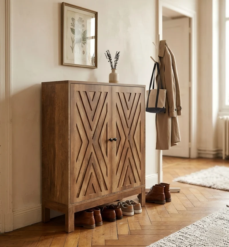 Meuble à chaussures sculptées 5 niveaux style rustique et ethnique 90x35x110cm VERTEXZYNTHOR