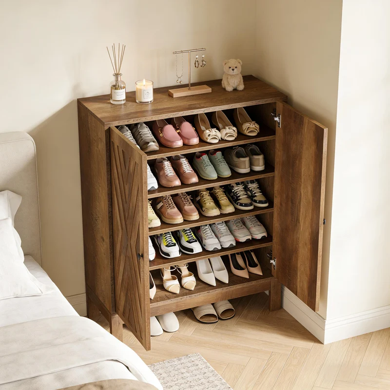 Meuble à chaussures sculptées 5 niveaux style rustique et ethnique 90x35x110cm VERTEXZYNTHOR