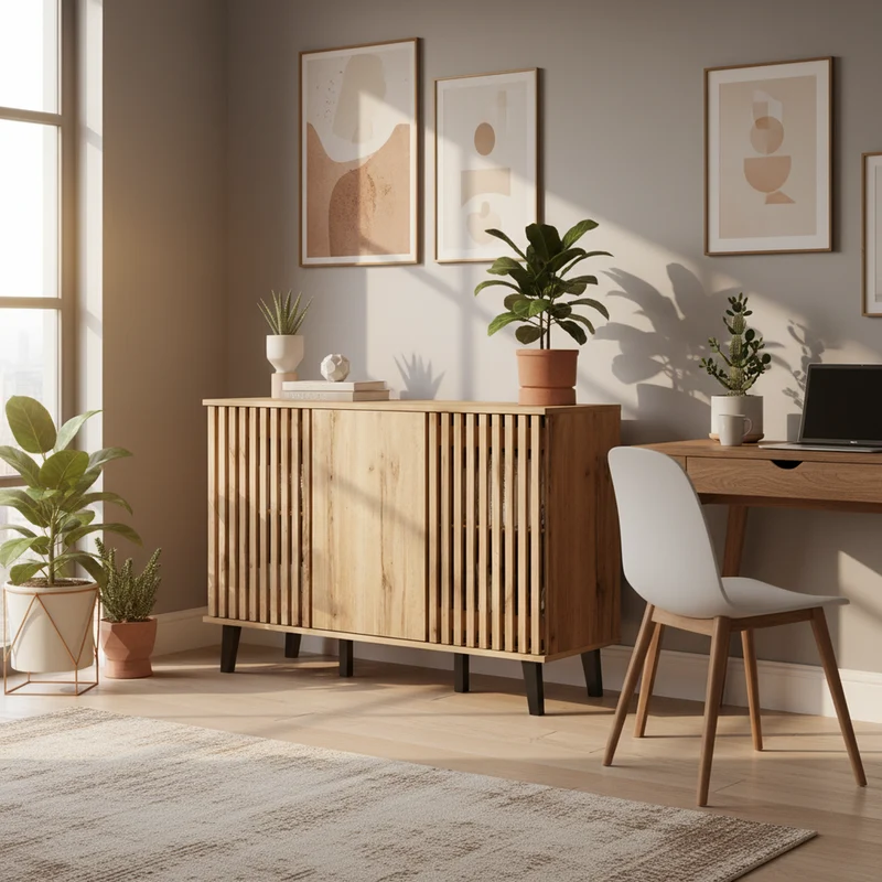 Buffet effet bois naturel design latté 3 portes, 6 compartiments 150x40x95cm RIFTMYRKONATH