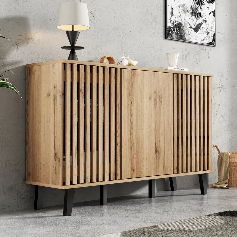 Buffet effet bois naturel design latté 3 portes, 6 compartiments 150x40x95cm RIFTMYRKONATH
