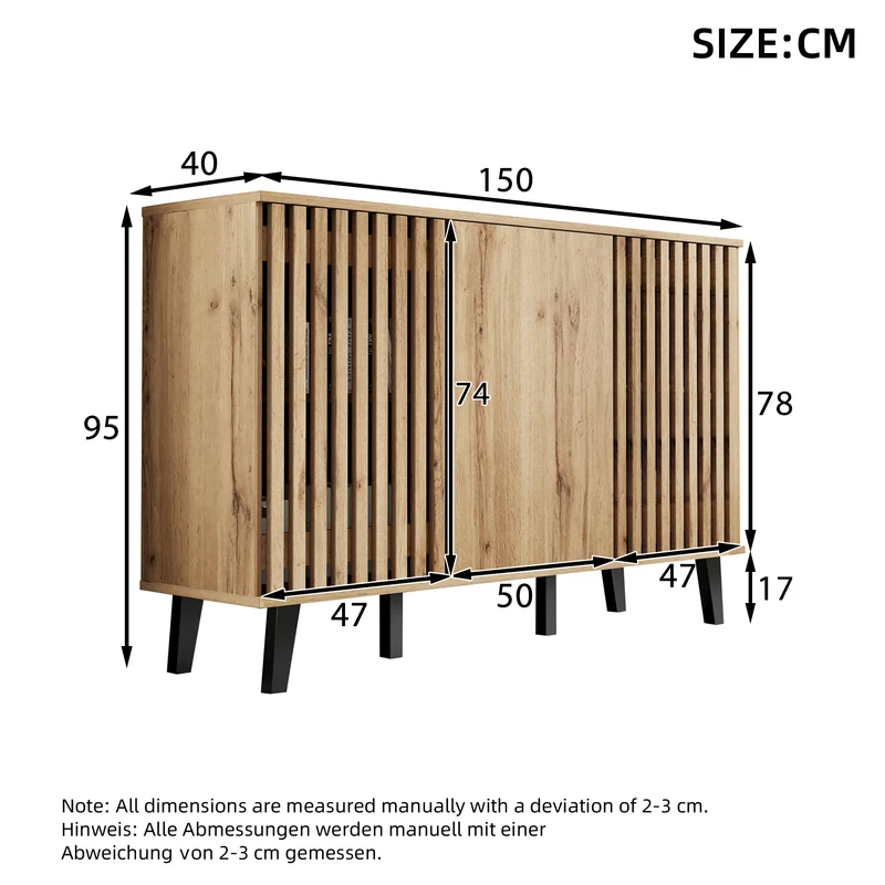 Buffet effet bois naturel design latté 3 portes, 6 compartiments 150x40x95cm RIFTMYRKONATH