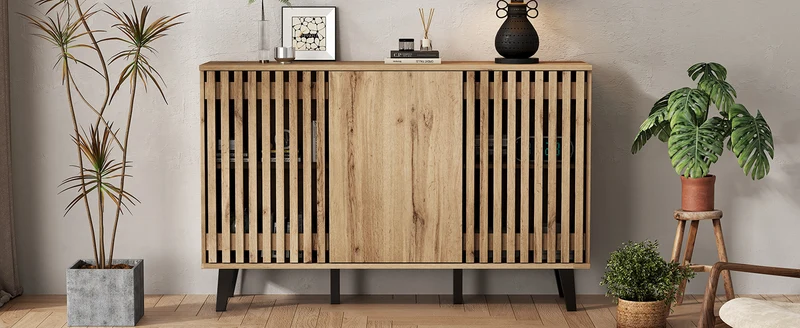 Buffet effet bois naturel design latté 3 portes, 6 compartiments 150x40x95cm RIFTMYRKONATH