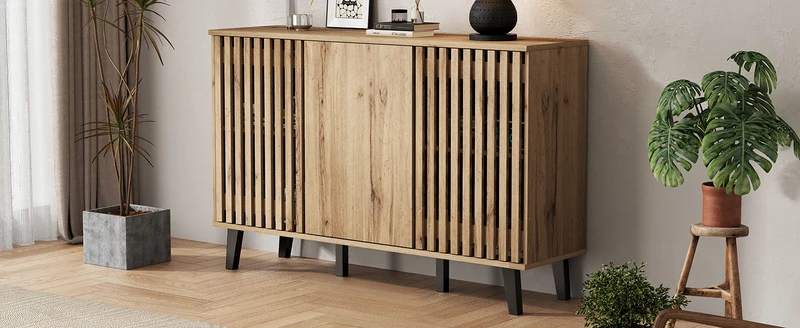 Buffet effet bois naturel design latté 3 portes, 6 compartiments 150x40x95cm RIFTMYRKONATH