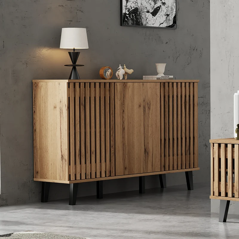 Buffet effet bois naturel design latté 3 portes, 6 compartiments 150x40x95cm RIFTMYRKONATH