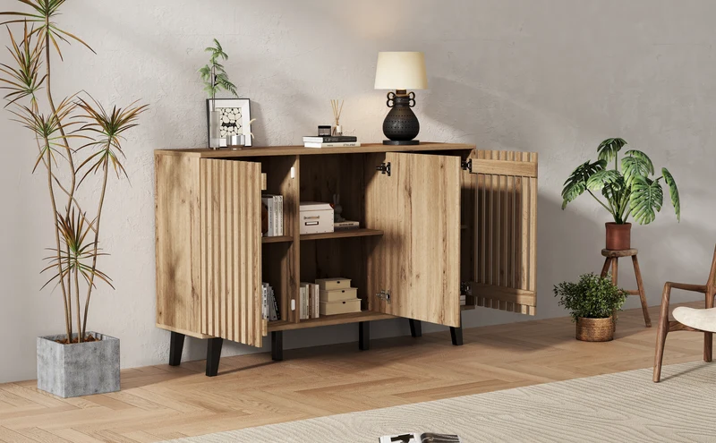 Buffet effet bois naturel design latté 3 portes, 6 compartiments 150x40x95cm RIFTMYRKONATH