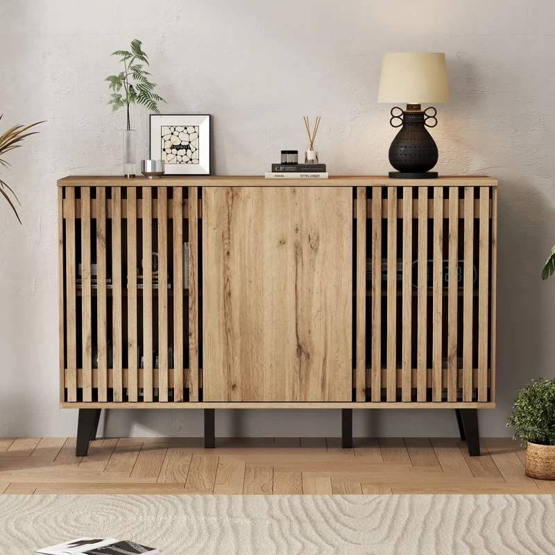 Buffet effet bois naturel design latté 3 portes, 6 compartiments 150x40x95cm RIFTMYRKONATH