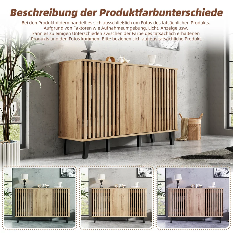Buffet effet bois naturel design latté 3 portes, 6 compartiments 150x40x95cm RIFTMYRKONATH