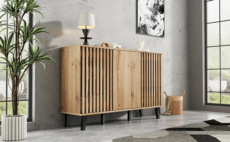 Buffet effet bois naturel design latté 3 portes, 6 compartiments 150x40x95cm RIFTMYRKONATH
