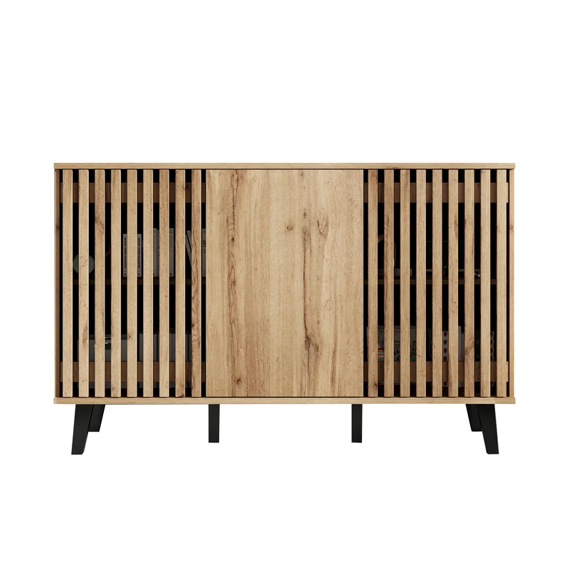 Buffet effet bois naturel design latté 3 portes, 6 compartiments 150x40x95cm RIFTMYRKONATH