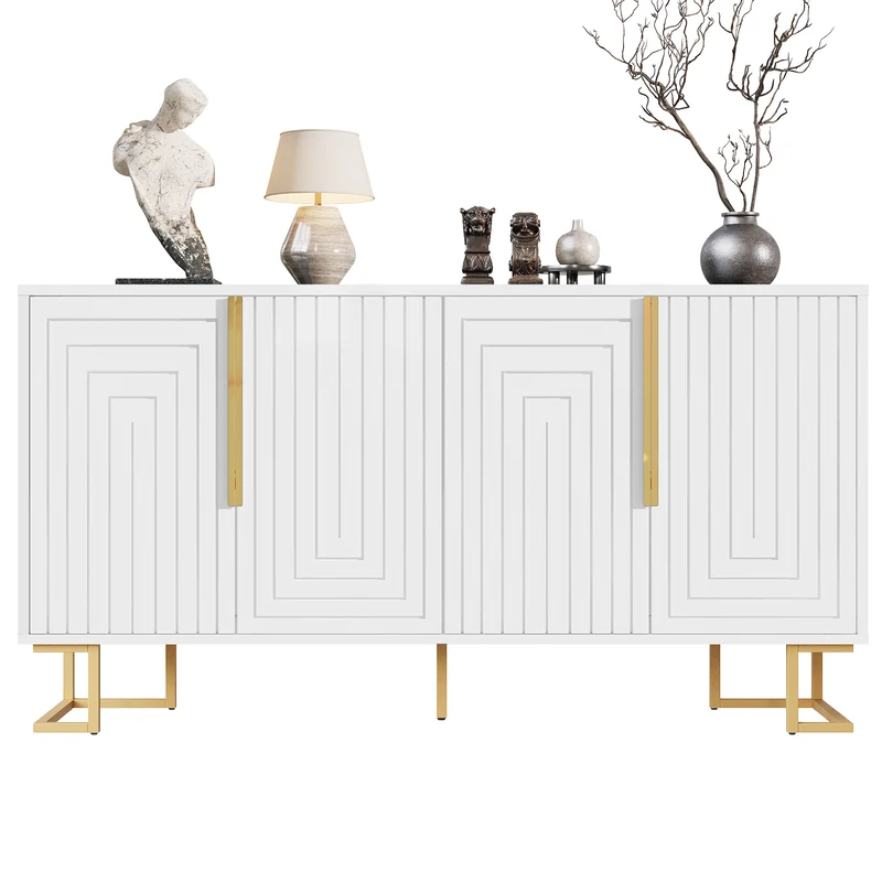 Buffet blanc portes à motif géométrique, poignées dorées 4 portes CEDARPEAK