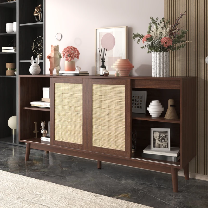 Buffet effet bois noyer avec 3 portes coulissantes en rotin et 2 tiroirs 155x38x80cm USOH WALNUT