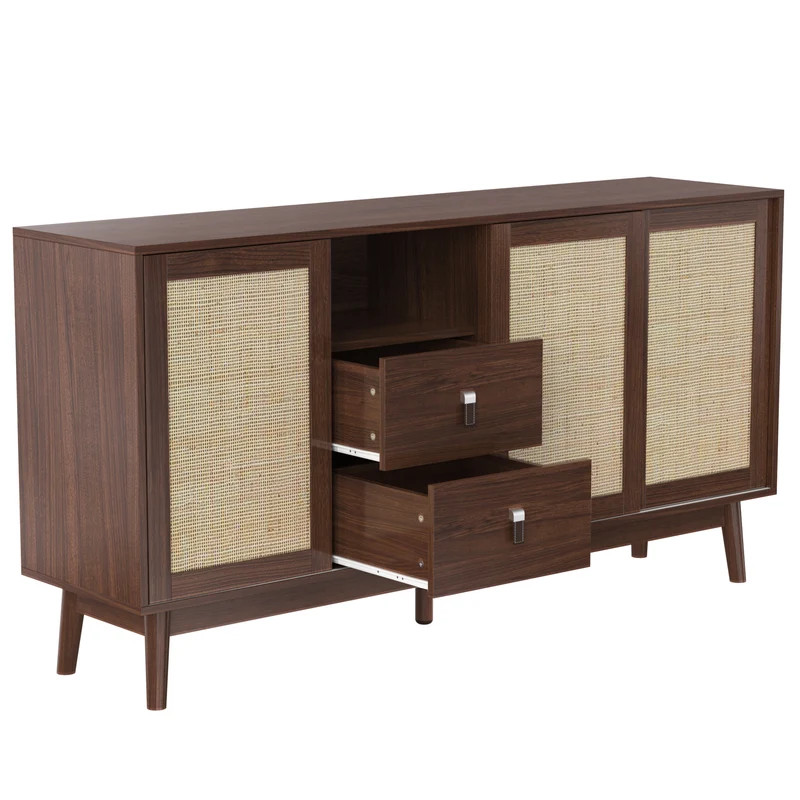 Buffet effet bois noyer avec 3 portes coulissantes en rotin et 2 tiroirs 155x38x80cm USOH WALNUT
