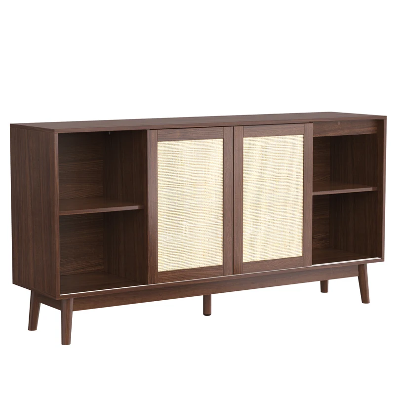 Buffet effet bois noyer avec 3 portes coulissantes en rotin et 2 tiroirs 155x38x80cm USOH WALNUT