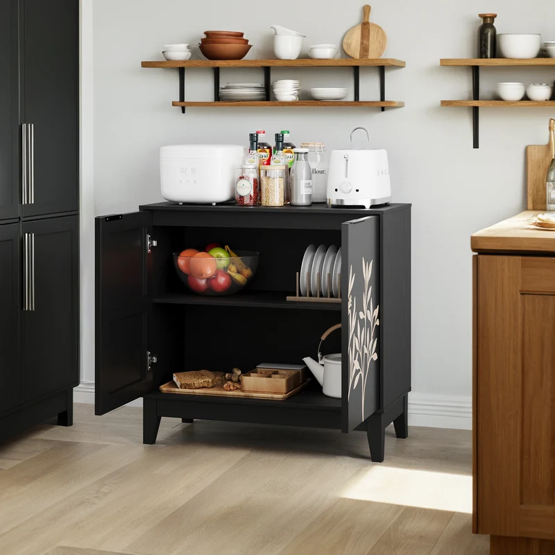 Buffet noir style champêtre à 2 porte avec motifs floraux gaufrés ELYSIUMLON