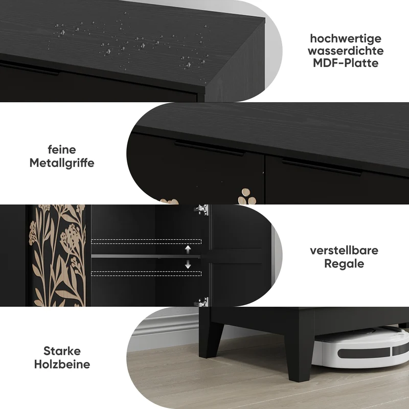 Buffet noir style champêtre à 2 porte avec motifs floraux gaufrés ELYSIUMLON