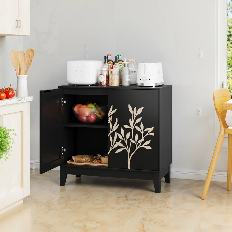 Buffet noir style champêtre à 2 porte avec motifs floraux gaufrés ELYSIUMLON