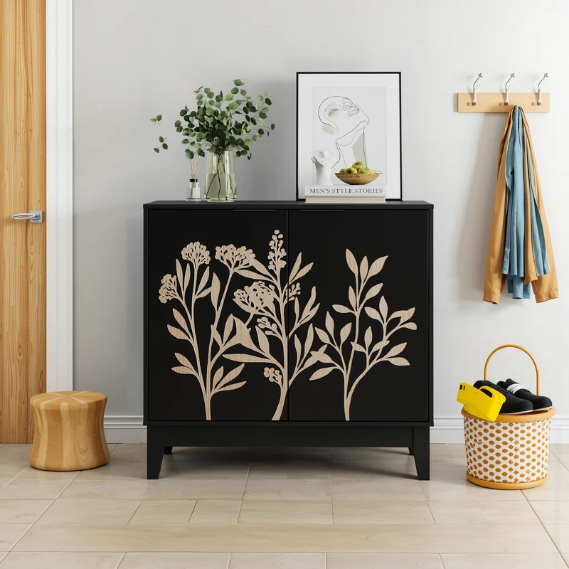 Buffet noir style champêtre à 2 porte avec motifs floraux gaufrés ELYSIUMLON