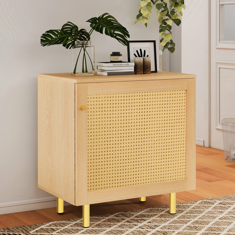 Buffet bas effet bois en rotin tressé 1 porte, 60x40x63 cm HALOITE